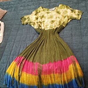 Elegant Olive and Pink Tie-Dye Dress